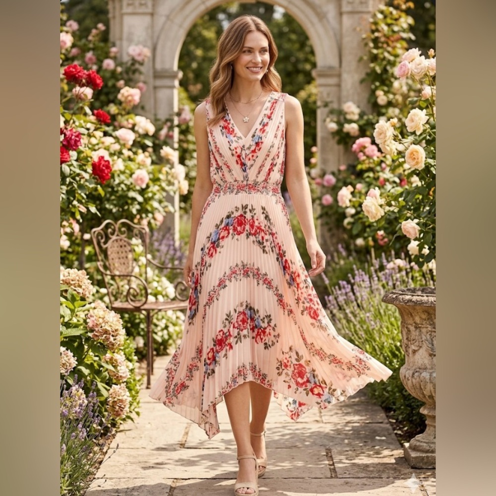WHBM Sleeveless Smocked Pleated Pleated V-Neck Floral MIDI Maxi Dress Size Large